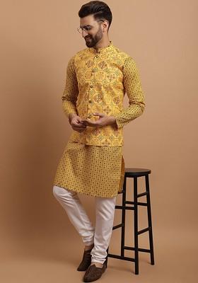 Mustard Printed Poly Blend Kurta Set For Men