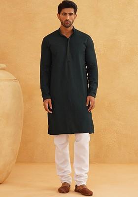 Green Thread Work Cotton Kurta Set For Men