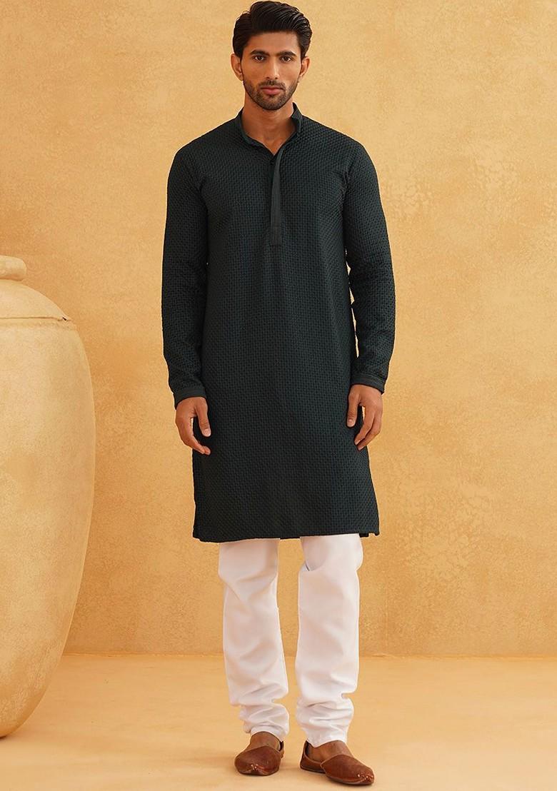 Green Thread Work Cotton Kurta Set For Men