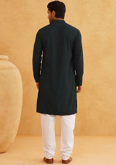 Green Thread Work Cotton Kurta Set For Men