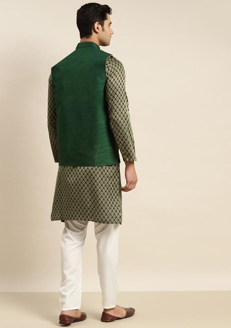 Green Ethnic Motifs Poly Blend Kurta Set For Men