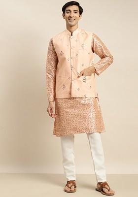 Pink Ethnic Motifs Poly Blend Kurta Set For Men