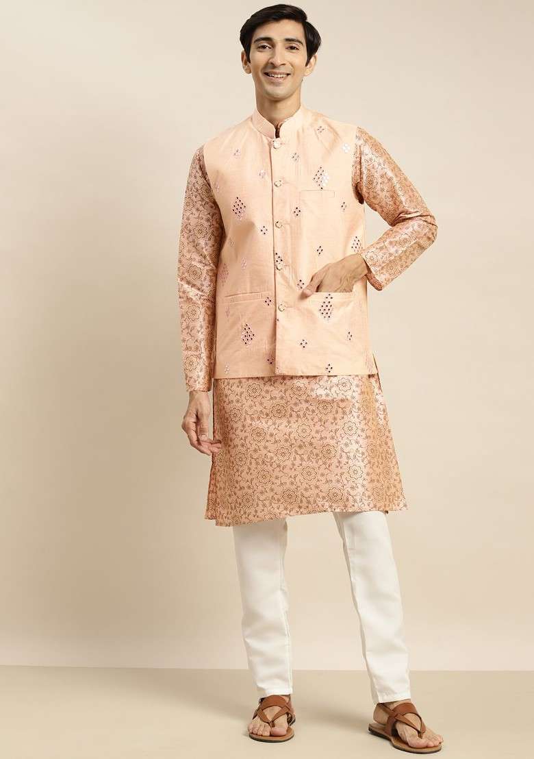 Pink Ethnic Motifs Poly Blend Kurta Set For Men - Indya