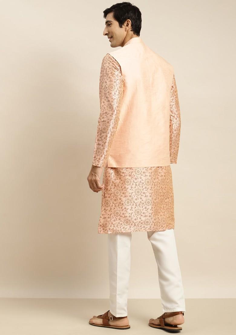 Pink Ethnic Motifs Poly Blend Kurta Set For Men