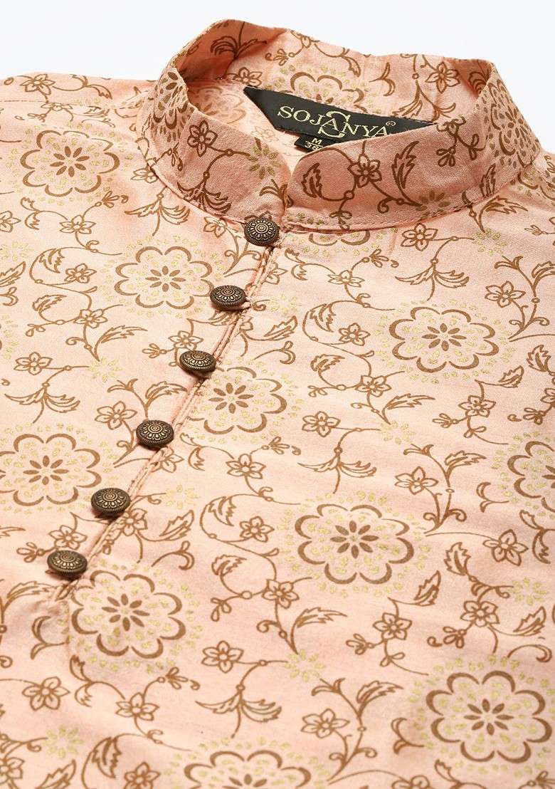 Pink Ethnic Motifs Poly Blend Kurta Set For Men - Indya