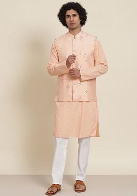 Peach Mirror Work Cotton Kurta Set For Men