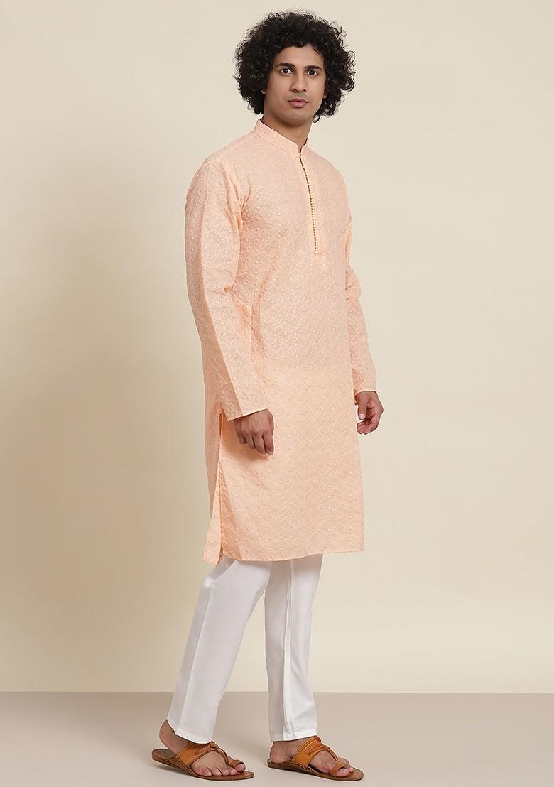 Peach Mirror Work Cotton Kurta Set For Men