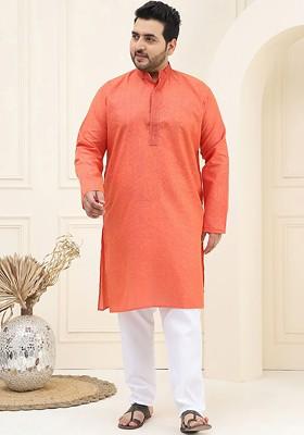 Coral Pink Woven Cotton Kurta Set For Men