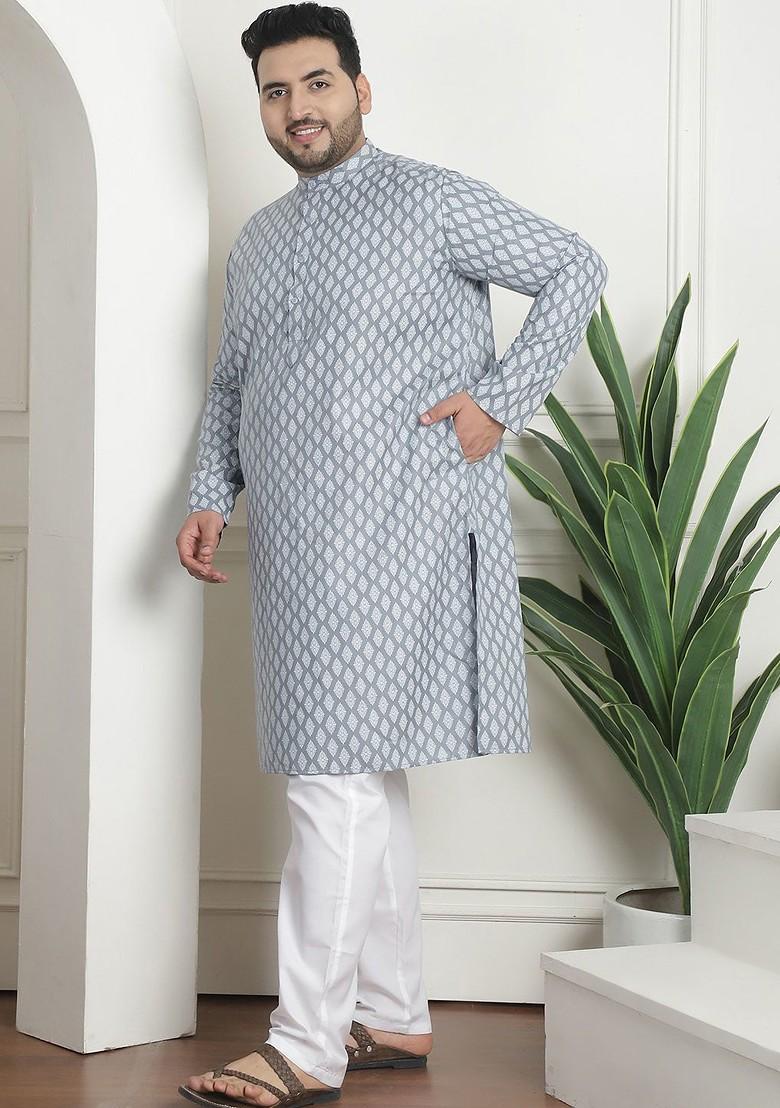 Grey Ethnic Motifs Cotton Kurta Set For Men