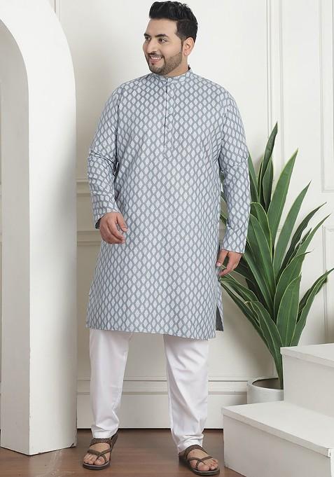 Grey Ethnic Motifs Cotton Kurta Set For Men