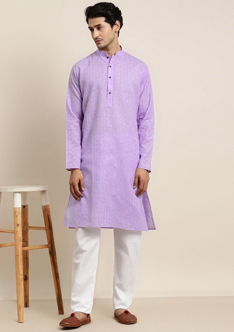 Purple Solid Poly Blend Kurta Set For Men