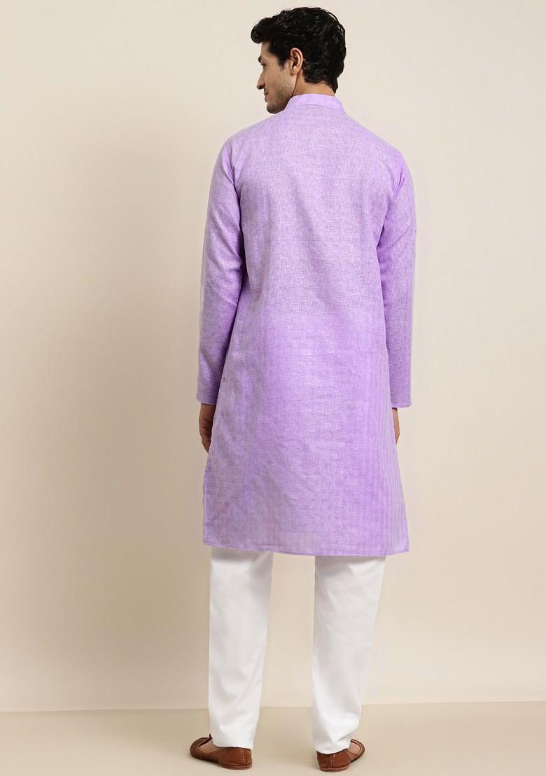 Purple Solid Poly Blend Kurta Set For Men