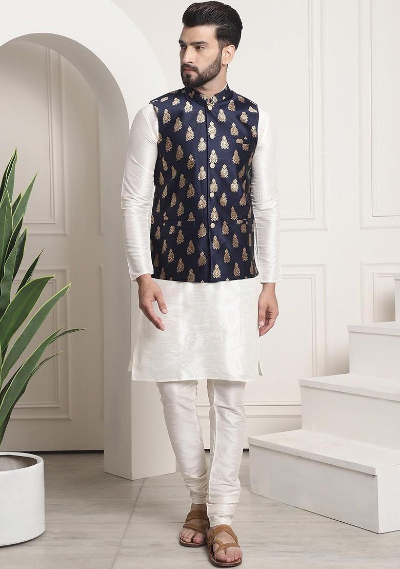 Off White Solid Poly Blend Kurta Set For Men