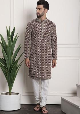 Maroon Embroidered Cotton Kurta Set For Men