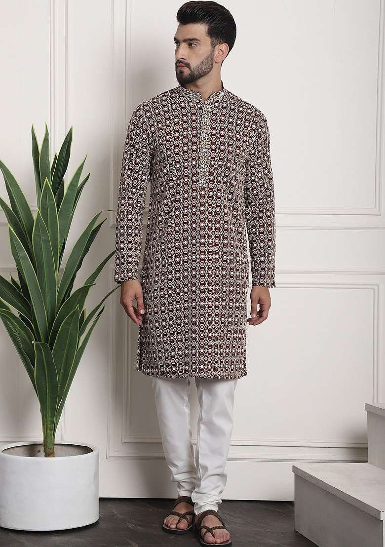 Maroon Embroidered Cotton Kurta Set For Men - Indya