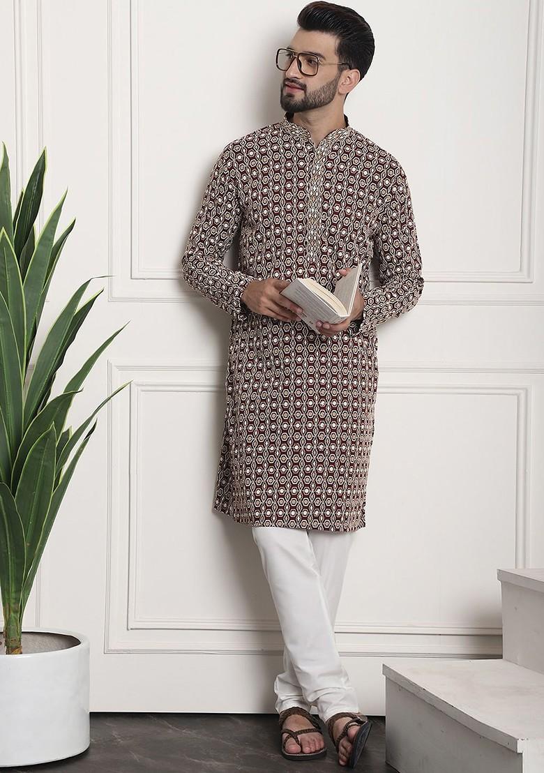 Maroon Embroidered Cotton Kurta Set For Men