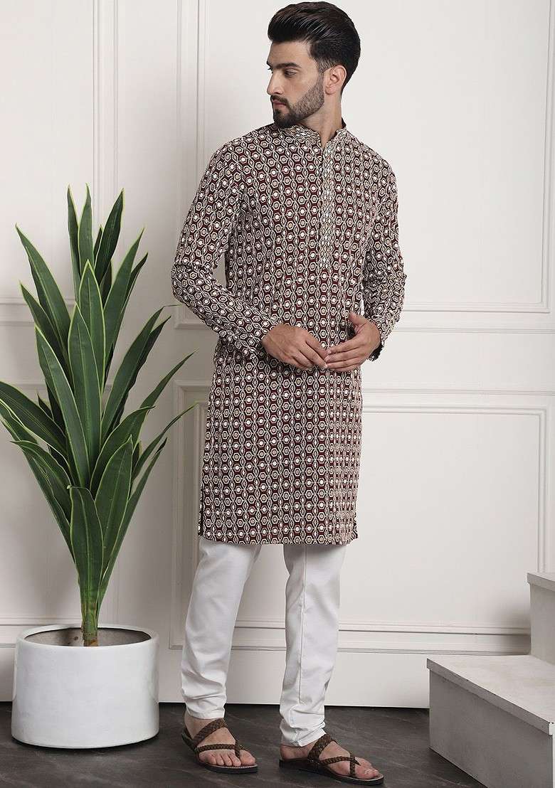 Maroon Embroidered Cotton Kurta Set For Men - Indya