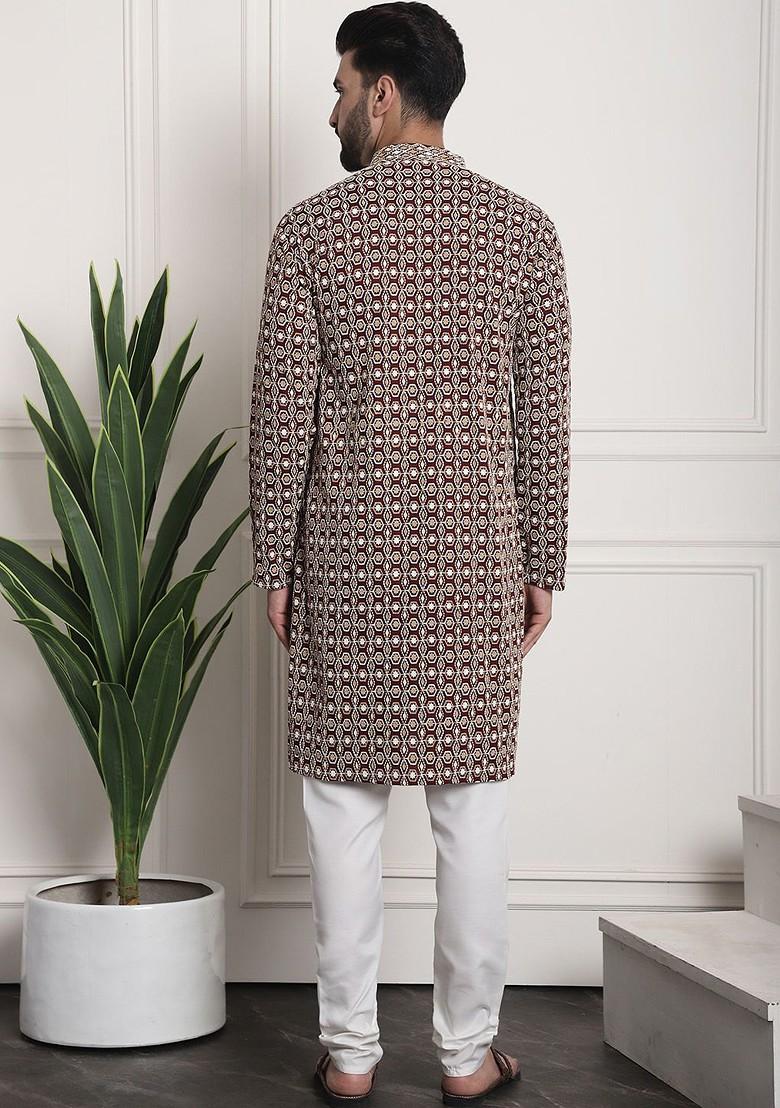 Maroon Embroidered Cotton Kurta Set For Men