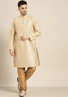 Gold Embroidered Poly Blend Kurta Set For Men