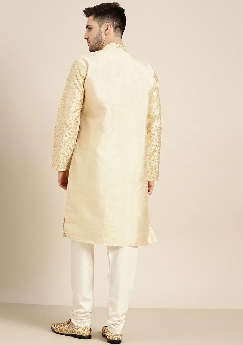Gold Embroidered Poly Blend Kurta Set For Men