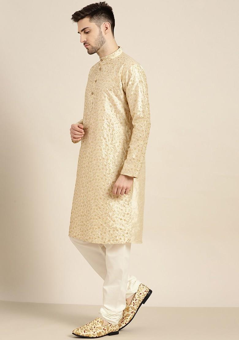 Gold Embroidered Poly Blend Kurta Set For Men