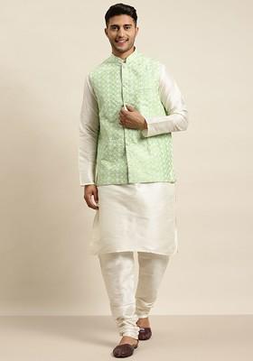 Off White Solid Poly Blend Kurta Set For Men