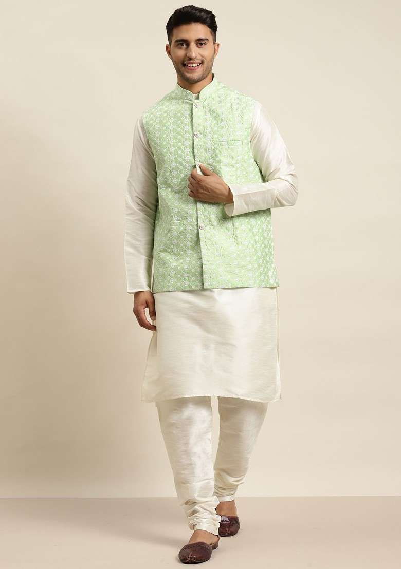Off White Solid Poly Blend Kurta Set For Men - Indya