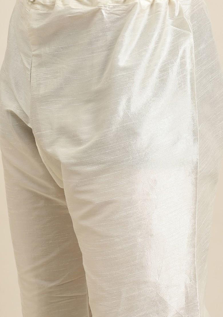Off White Solid Poly Blend Kurta Set For Men