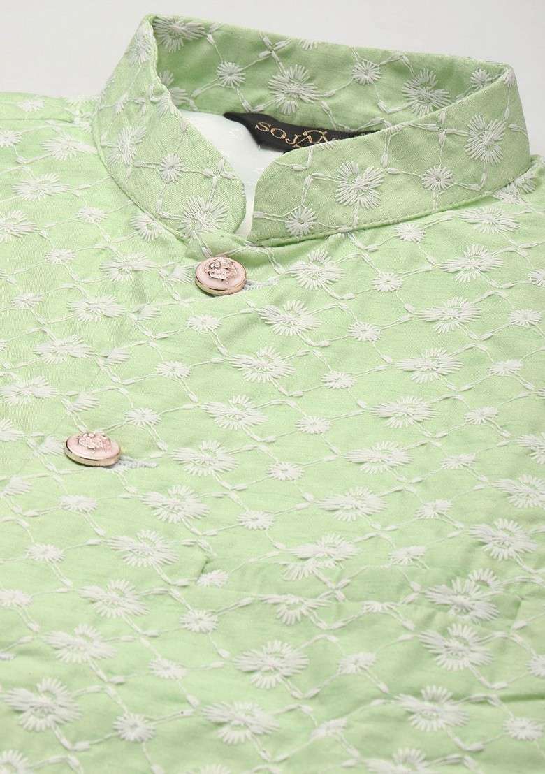 Off White Solid Poly Blend Kurta Set For Men - Indya