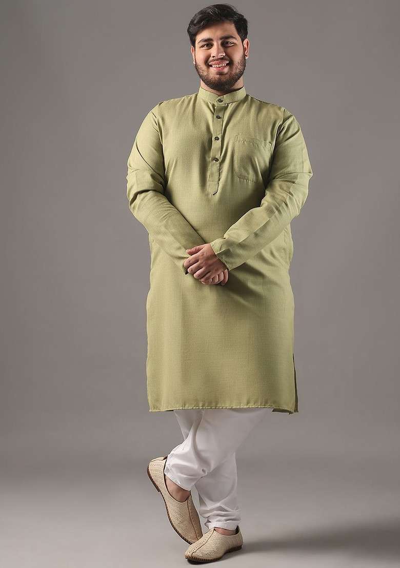 Green Solid Cotton Kurta Set For Men - Indya