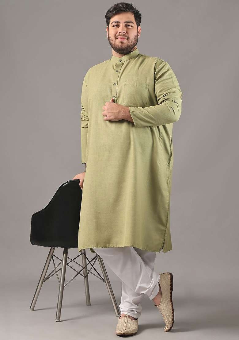 Green Solid Cotton Kurta Set For Men - Indya