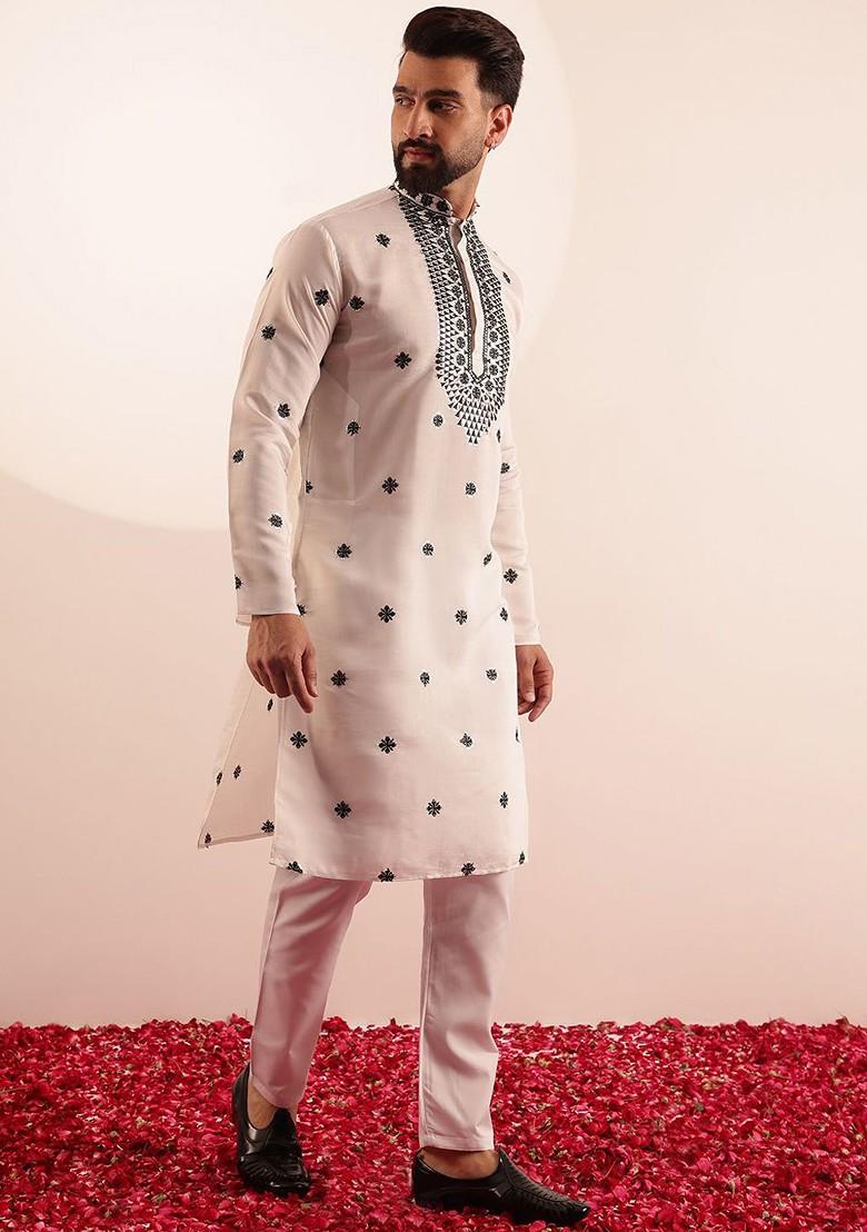 White Embroidered Poly Blend Kurta Set For Men
