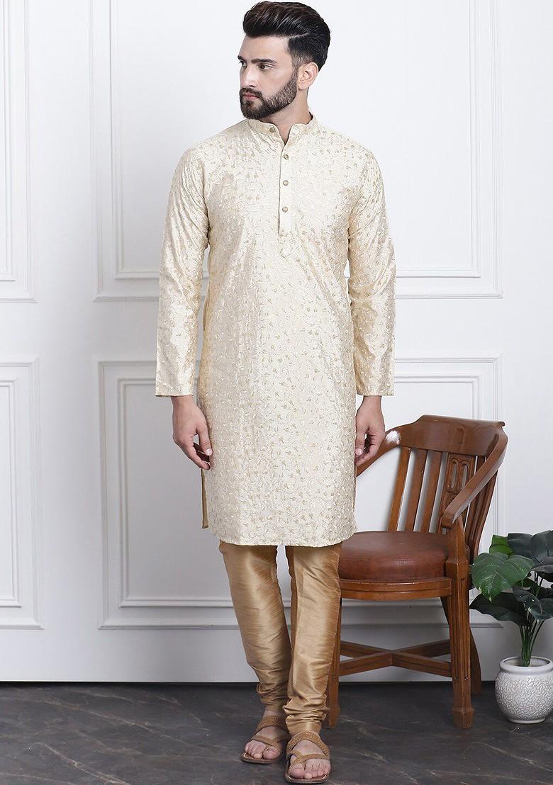 Gold Thread Work Cotton Kurta Set For Men