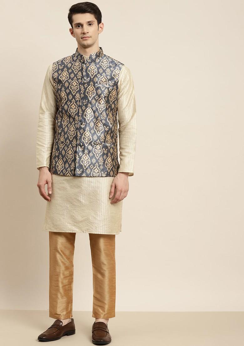 Beige Striped Poly Blend Kurta Set For Men