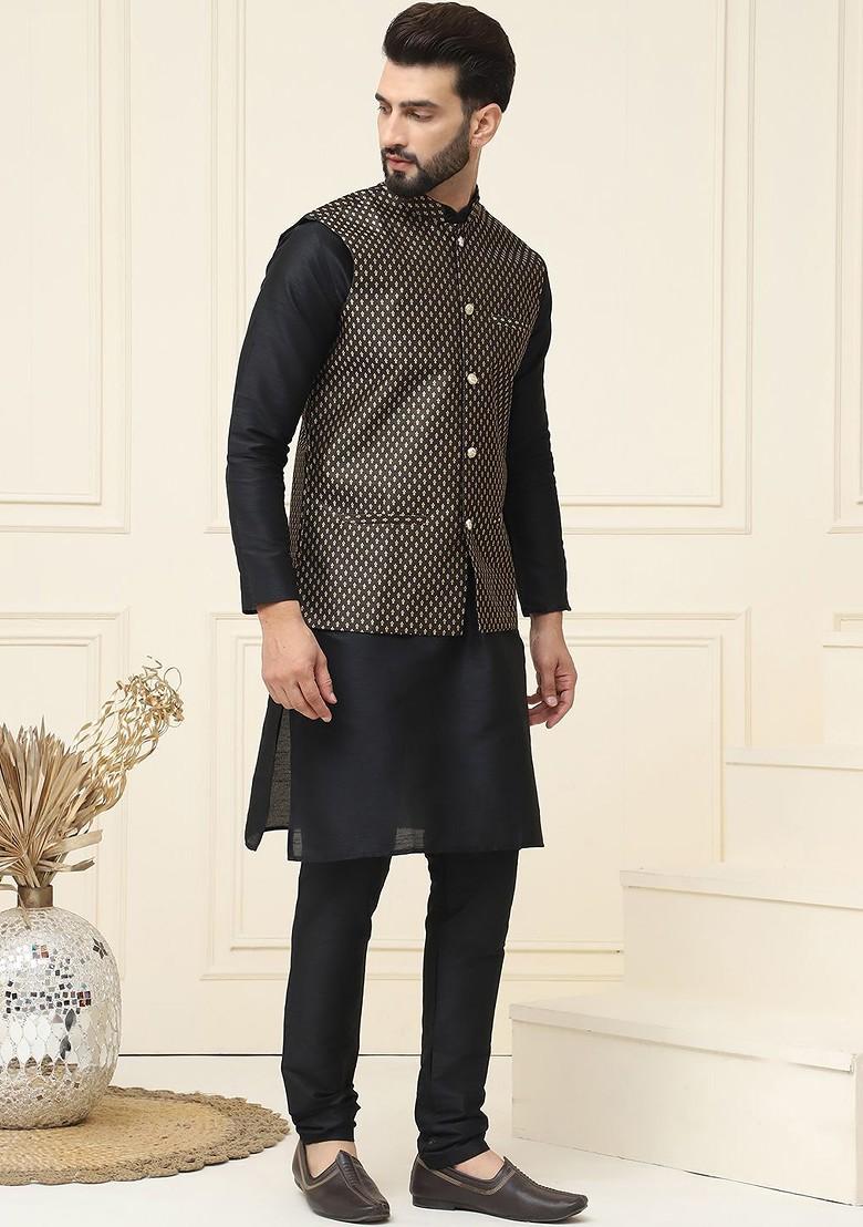 Black Solid Poly Blend Kurta Set For Men