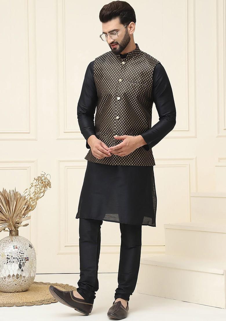 Black Solid Poly Blend Kurta Set For Men