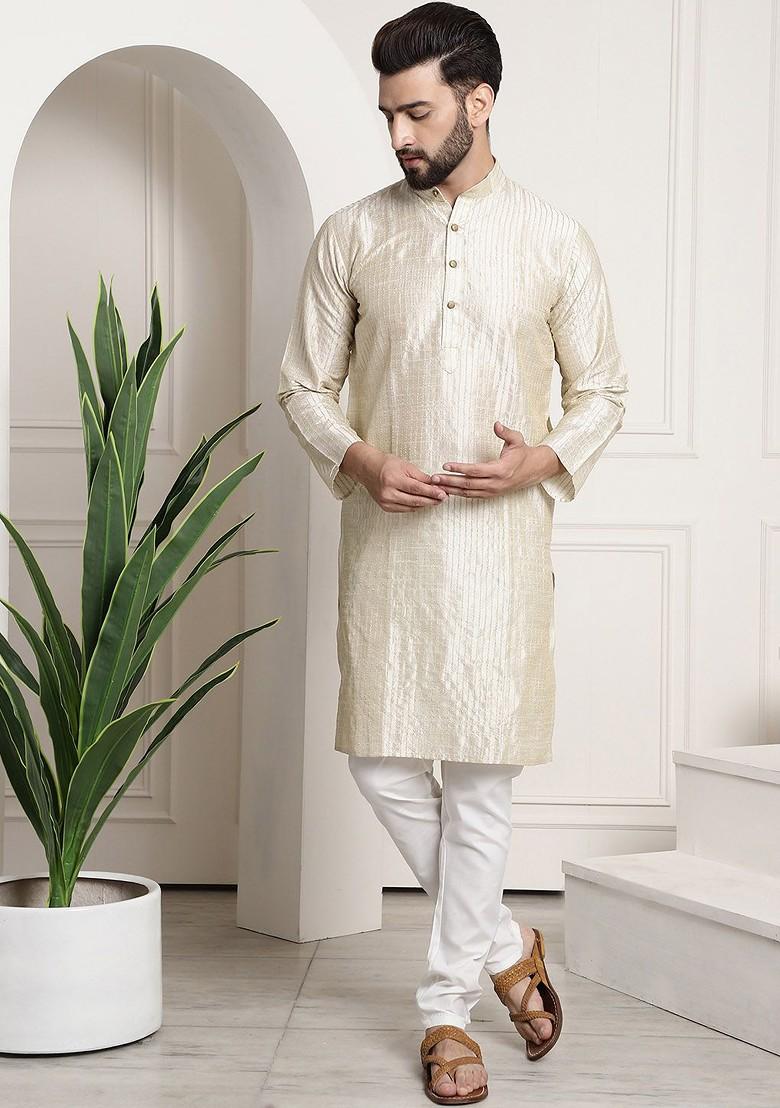 Cream Woven Poly Blend Kurta Set For Men