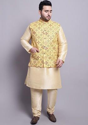 Gold Printed Silk Kurta Set For Men