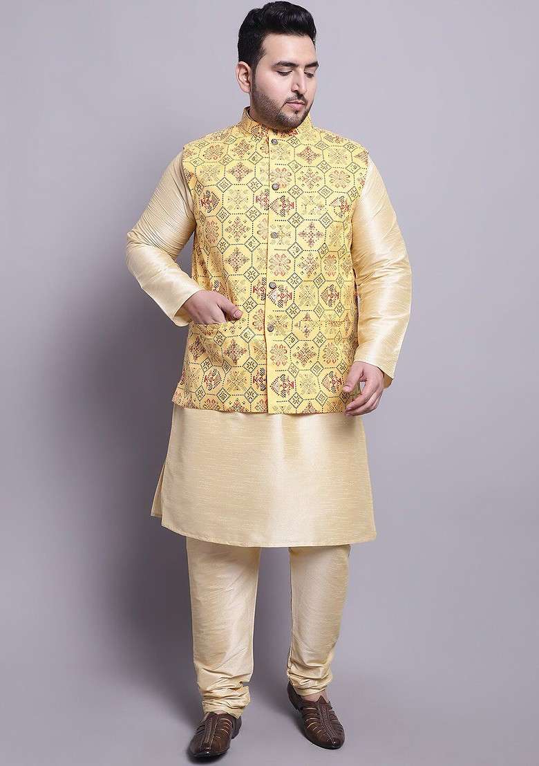Gold Printed Silk Blend Kurta Set For Men - Indya