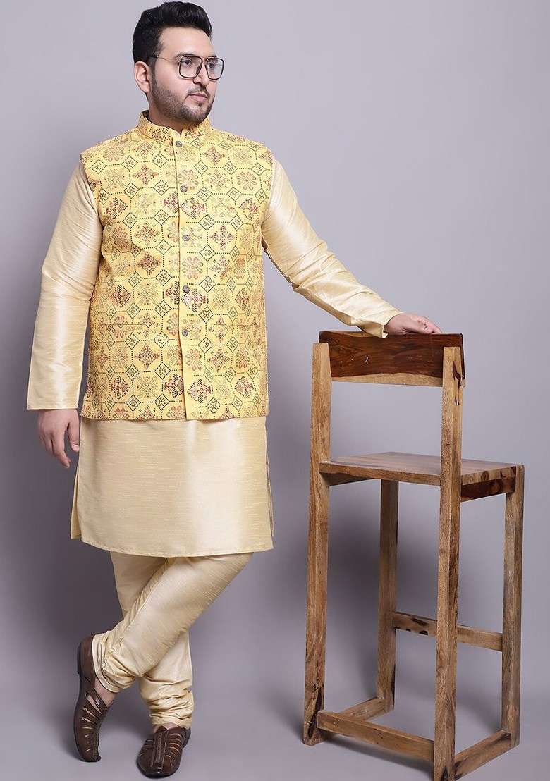 Gold Printed Silk Blend Kurta Set For Men - Indya