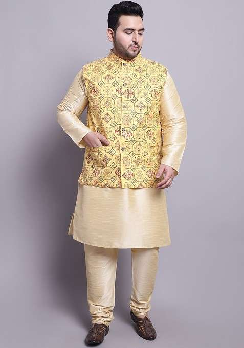 Gold Printed Silk Blend Kurta Set For Men