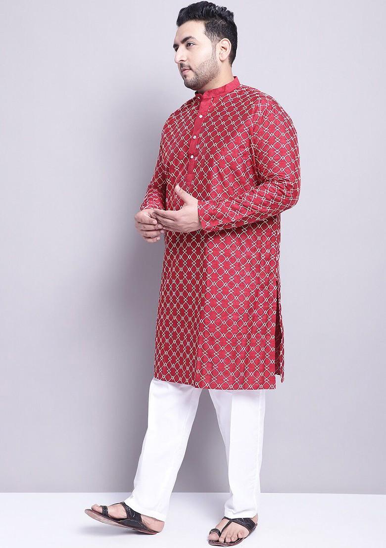 Maroon Thread Work Poly Blend Kurta Set For Men