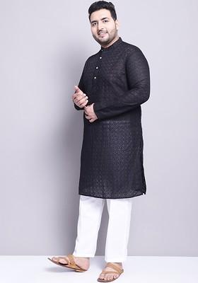 Black Thread Work Cotton Kurta Set For Men