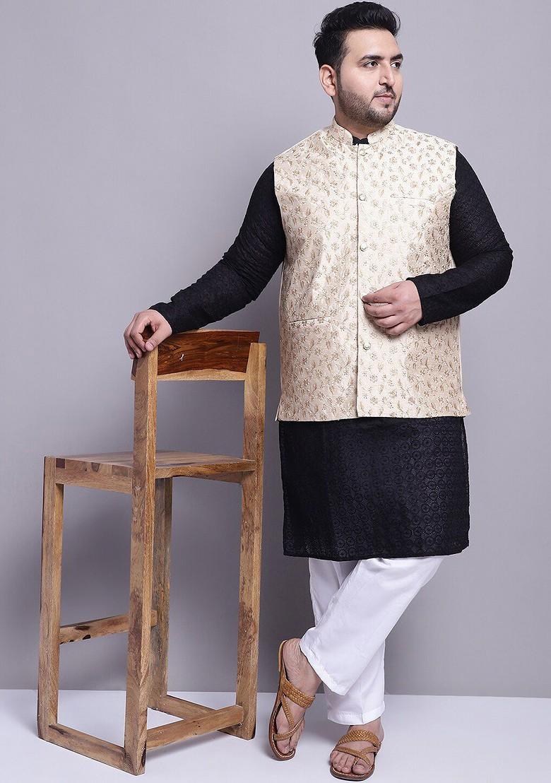 Black Thread Work Cotton Kurta Set For Men