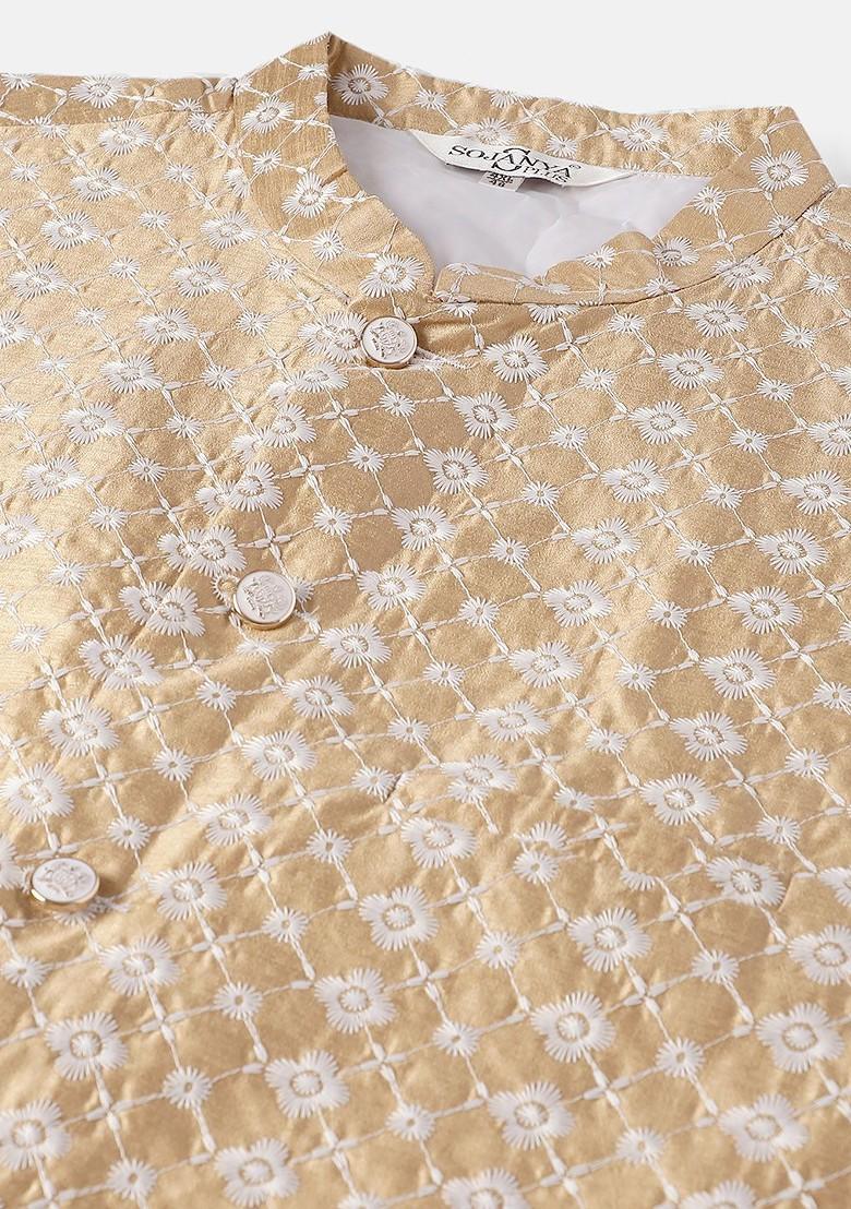 Gold Solid Poly Blend Kurta Set For Men