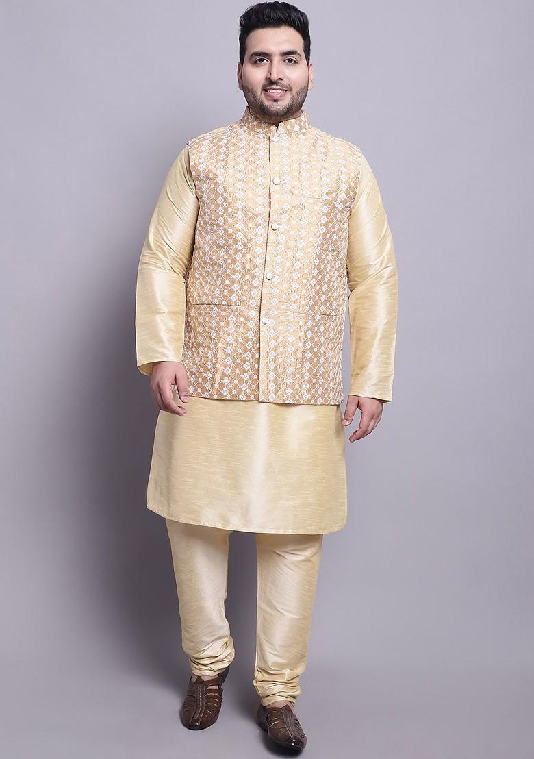 Gold Solid Poly Blend Kurta Set For Men