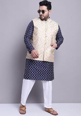 Navy Blue Woven Poly Blend Kurta Set For Men