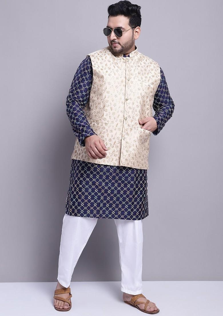 Navy Blue Woven Poly Blend Kurta Set For Men