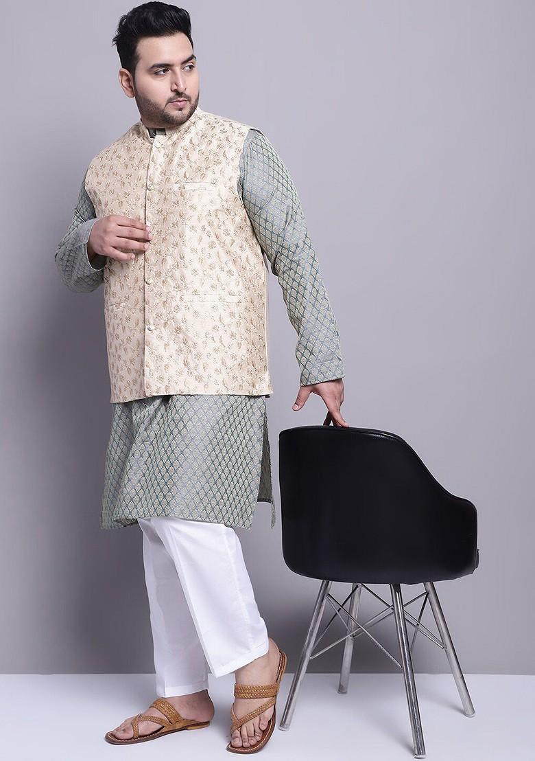 Green Woven Poly Blend Kurta Set For Men