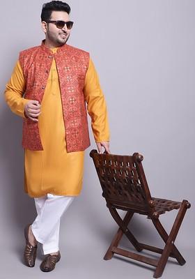 Mustard Solid Cotton Kurta Set For Men